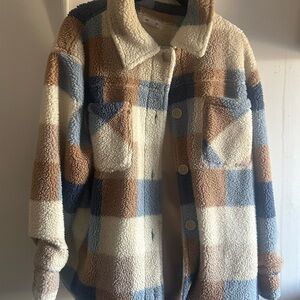 O'Neill Sherpa Plaid Jacket in Cream, Light Blue & Tan